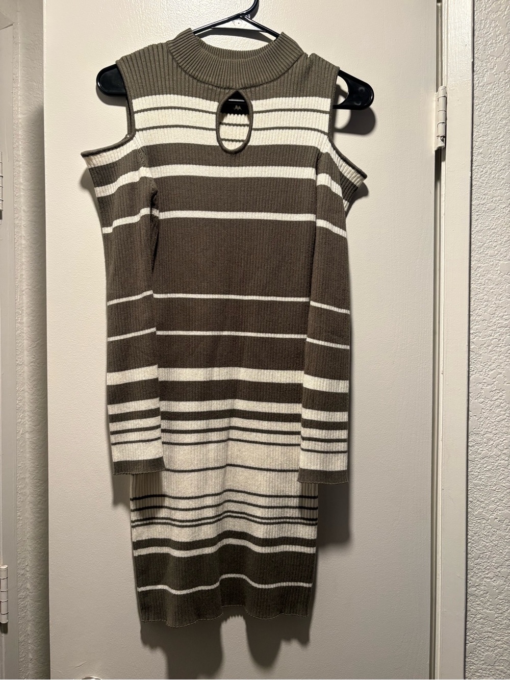 Say What? Olive & Cream Striped Cold-Shoulder Midi Dress